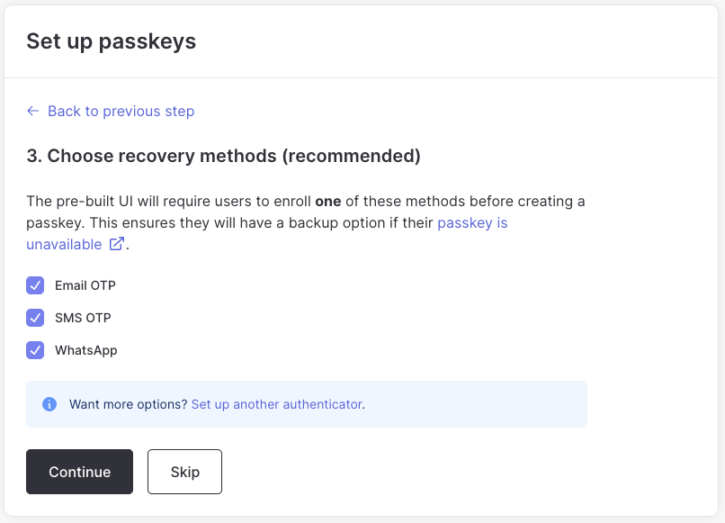 A screenshot of the 'Choose recovery methods' step in the passkey setup wizard.