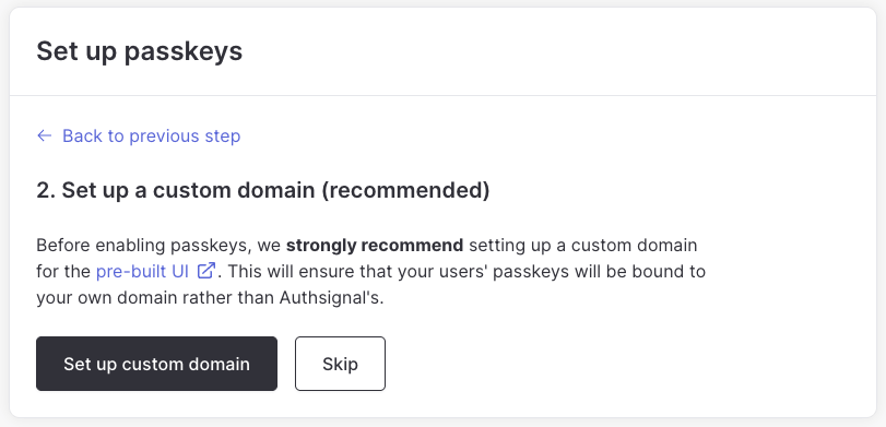 A screenshot of the 'Set up a custom domain' step in the passkey setup wizard.
