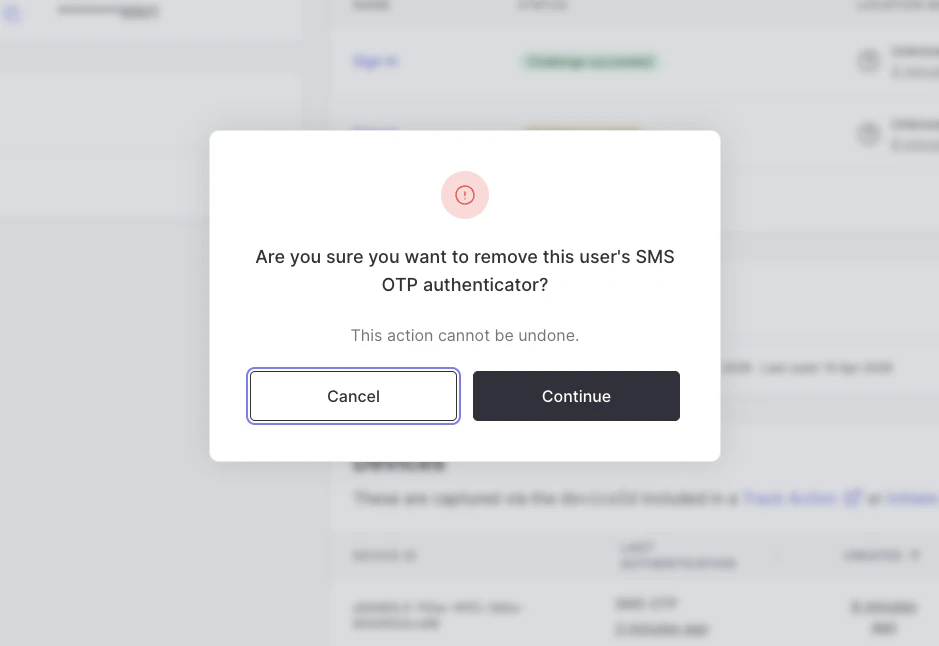 Confirmation dialog for removing a user's authenticators