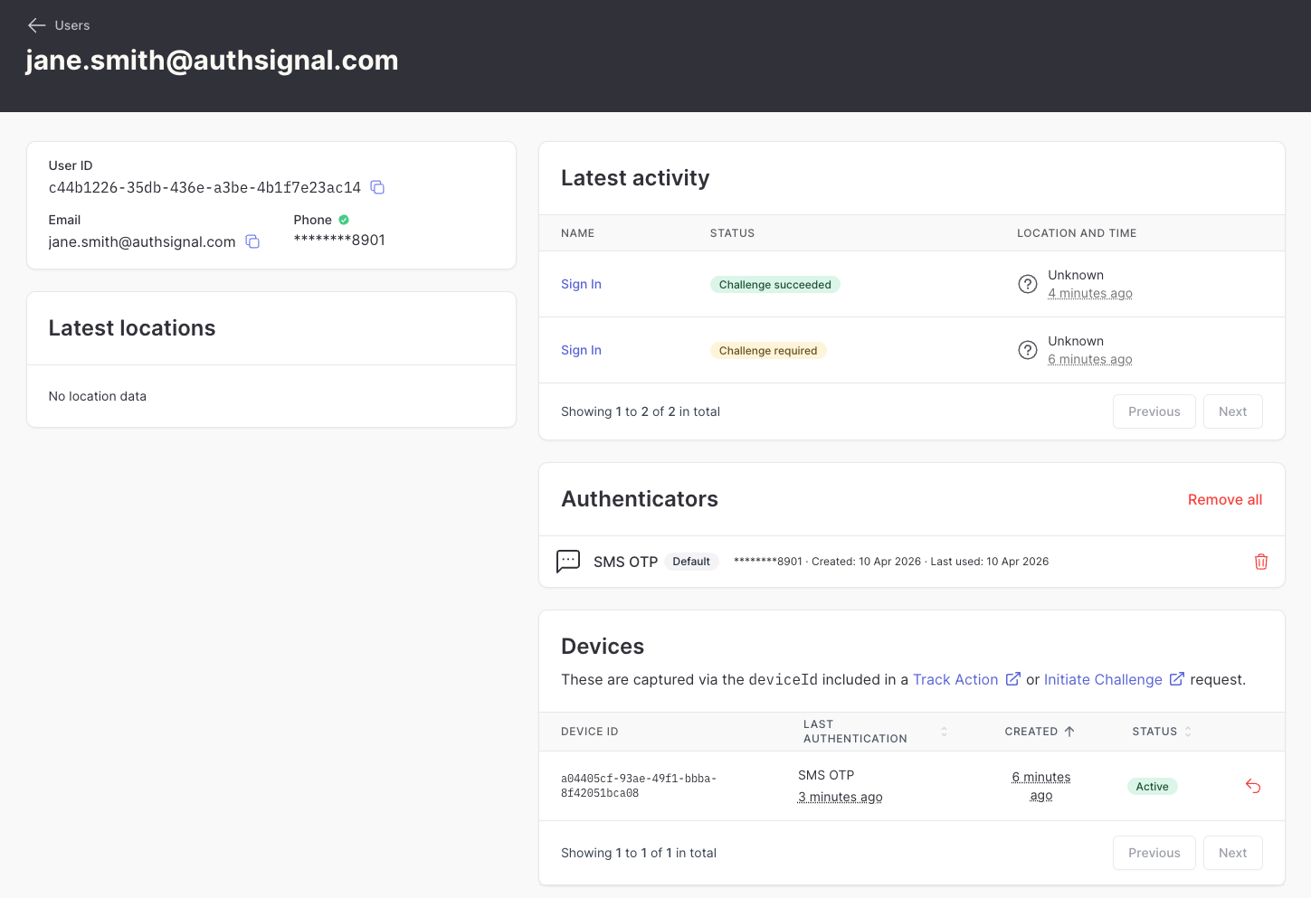 Auth Signal Resetting a user's authenticators - Authsignal