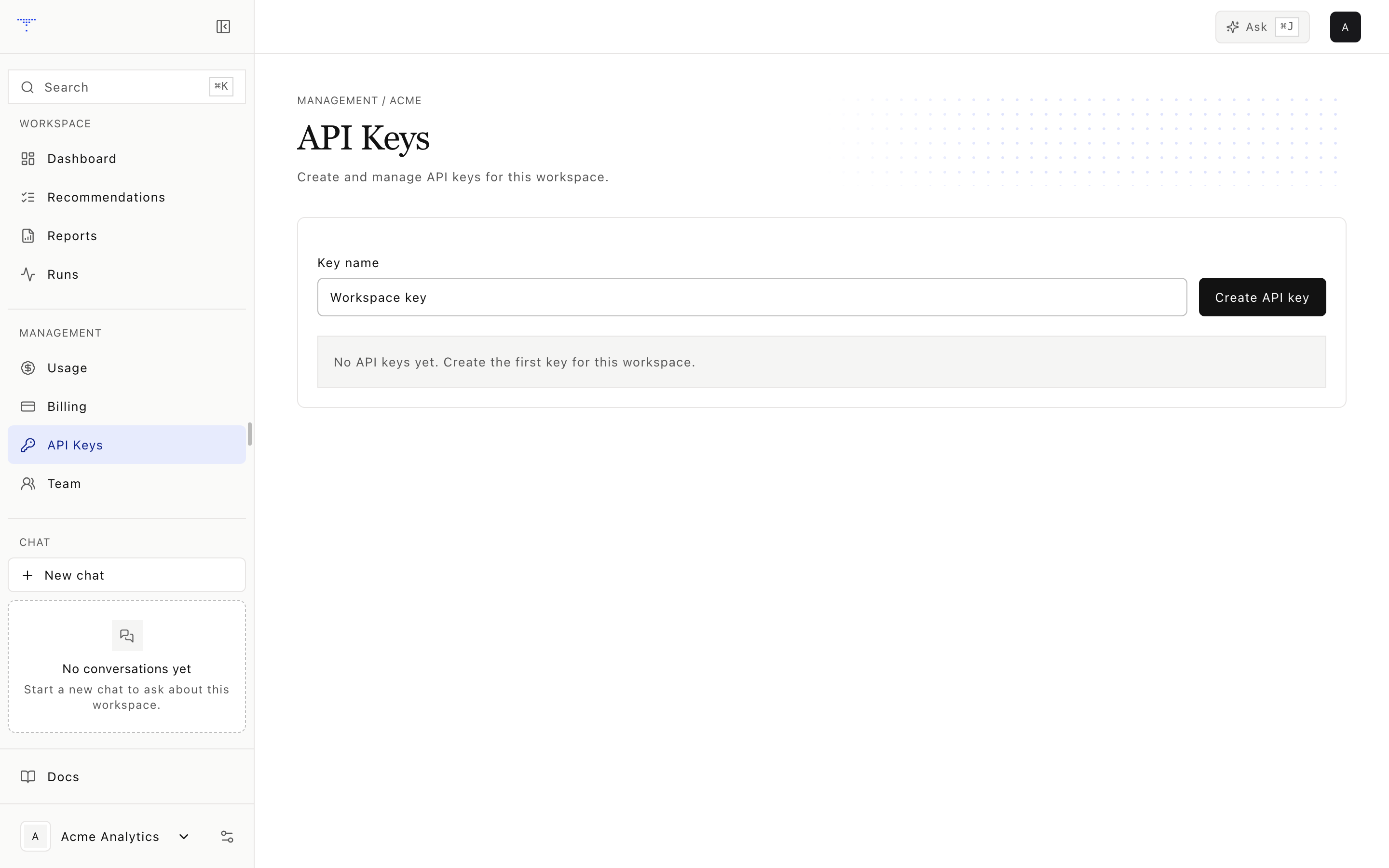 The API keys screen. A new key is shown once, at creation time.