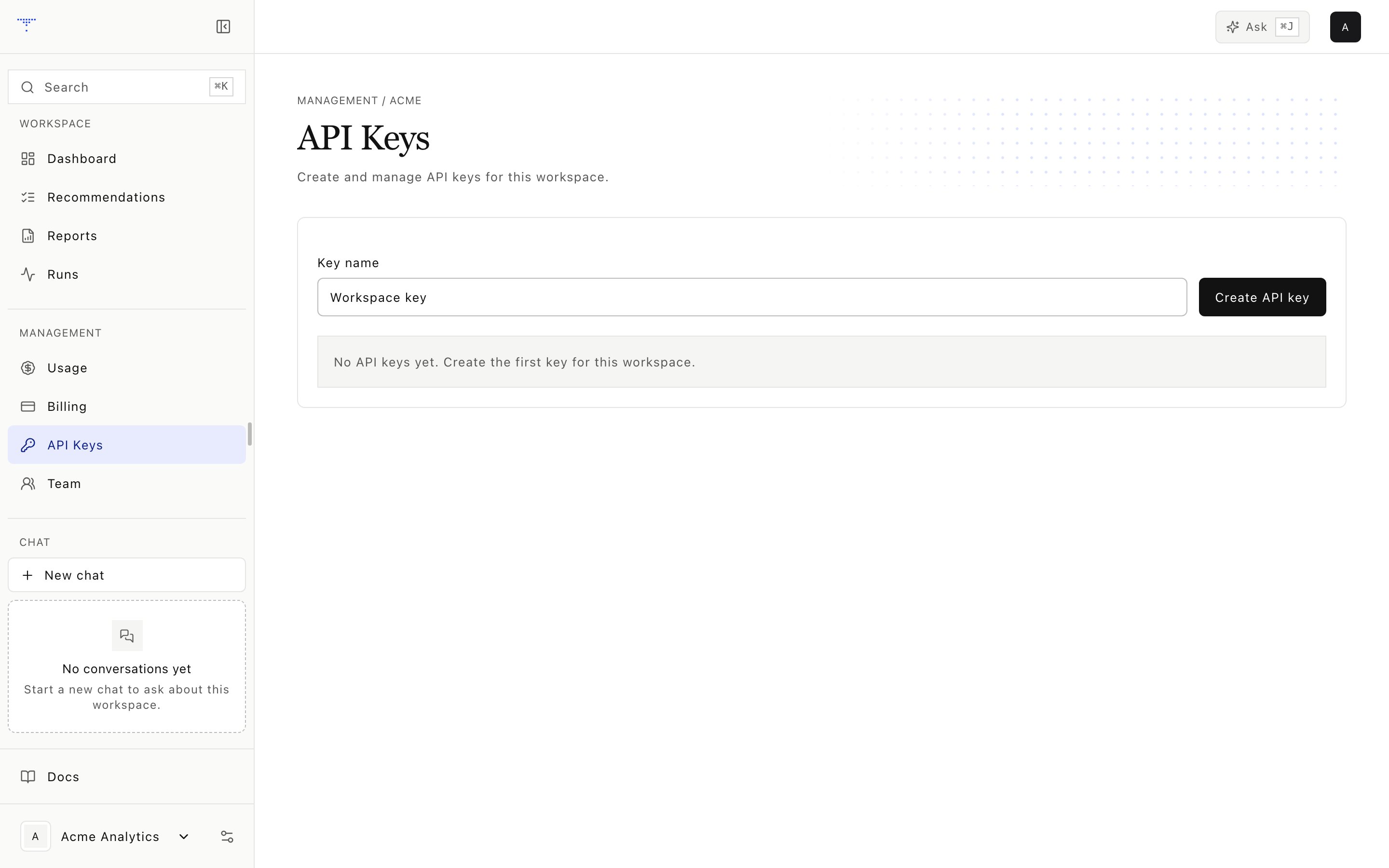 The API keys screen. A new key is shown once, at creation time.