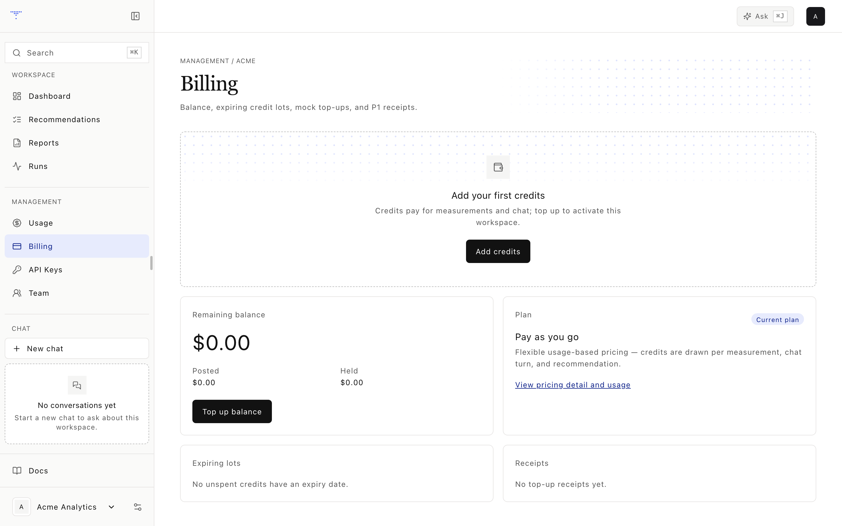 Billing: credit balance and top-up.