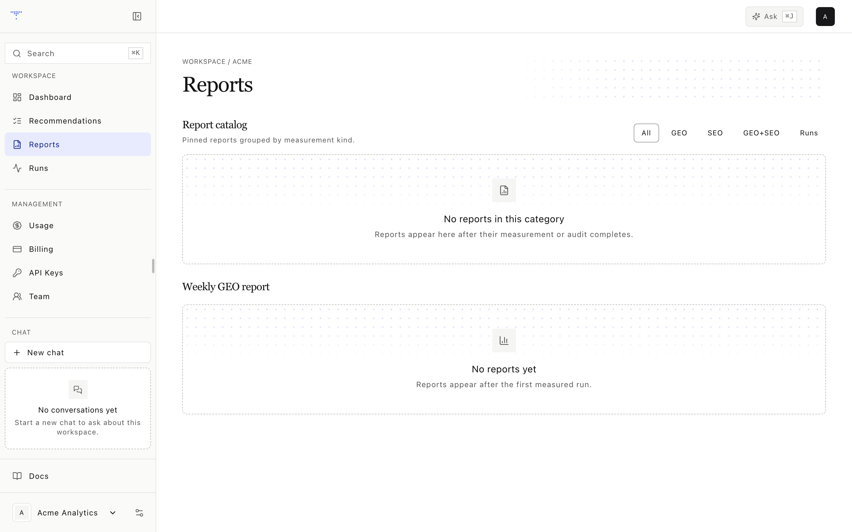 Generated reports for a workspace.