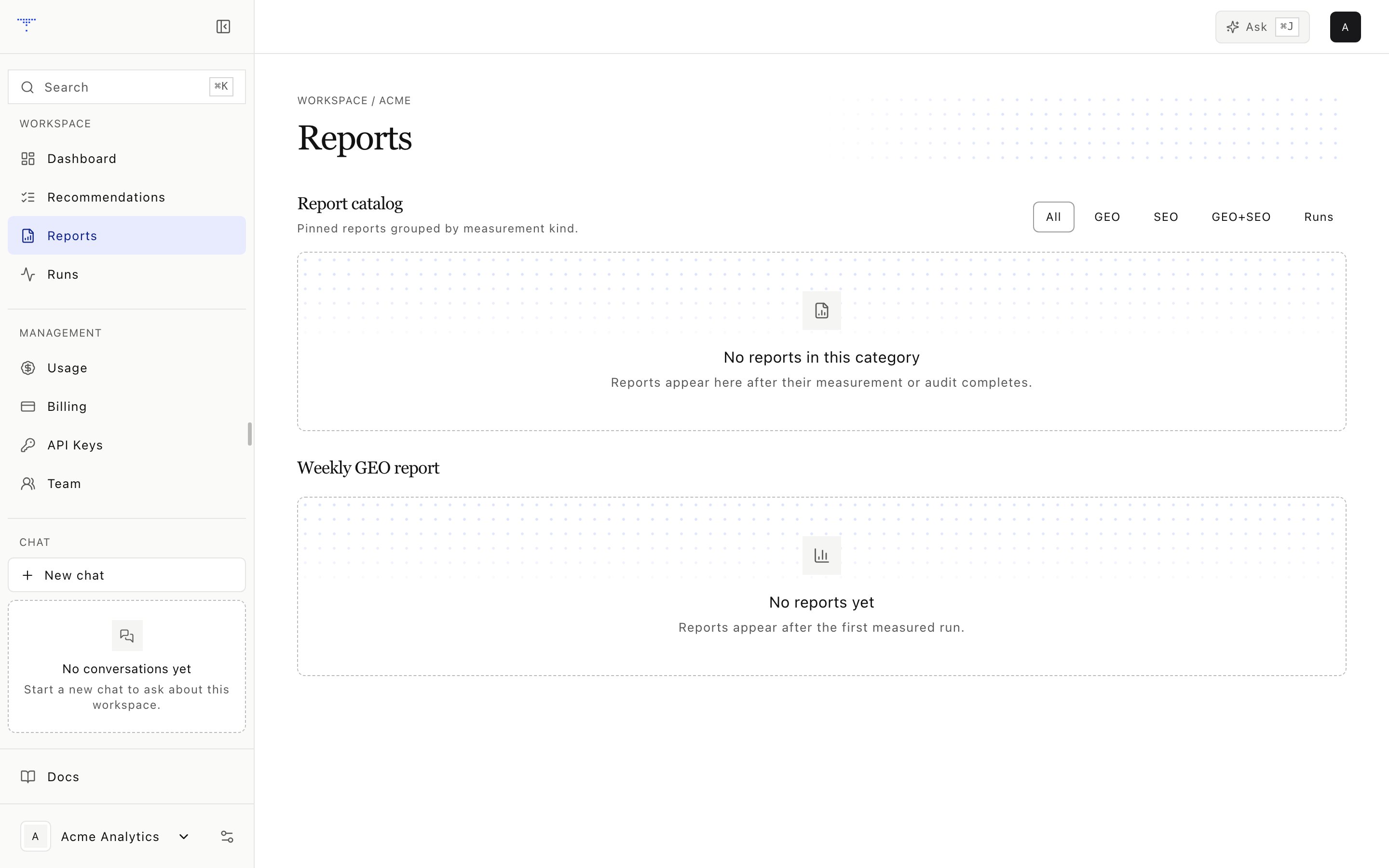 Generated reports for a workspace.