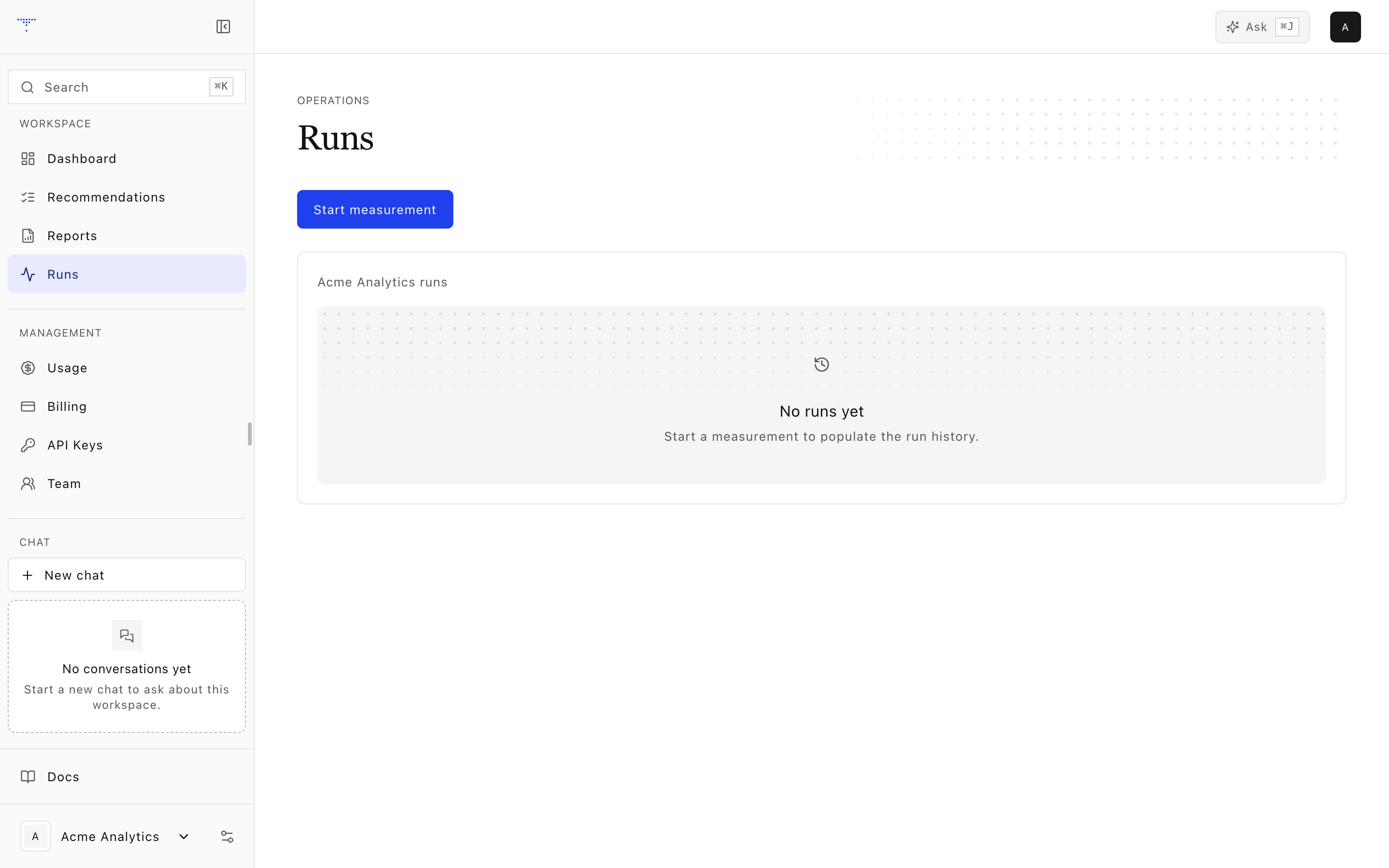 Measurement runs and their status.