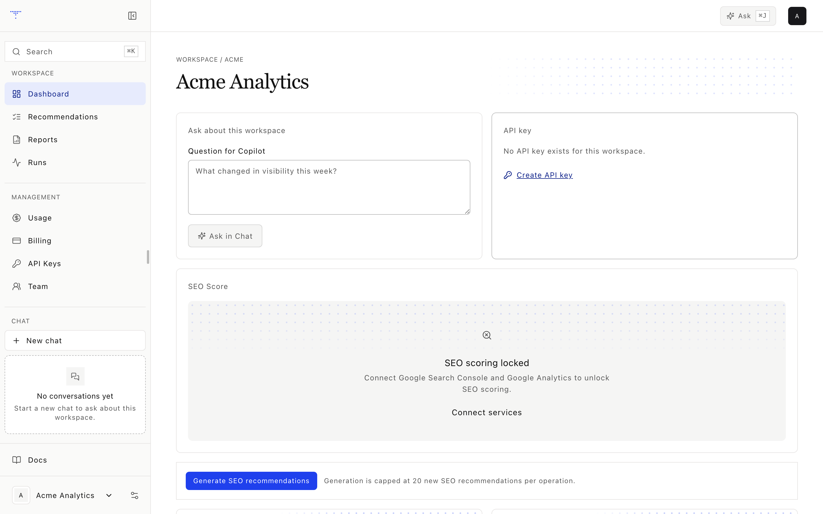 The ai-cmo.dev console: one workspace, its score, and the work queued off it.