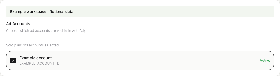 Ad Accounts selection with one fictional Example account selected on a Solo plan.