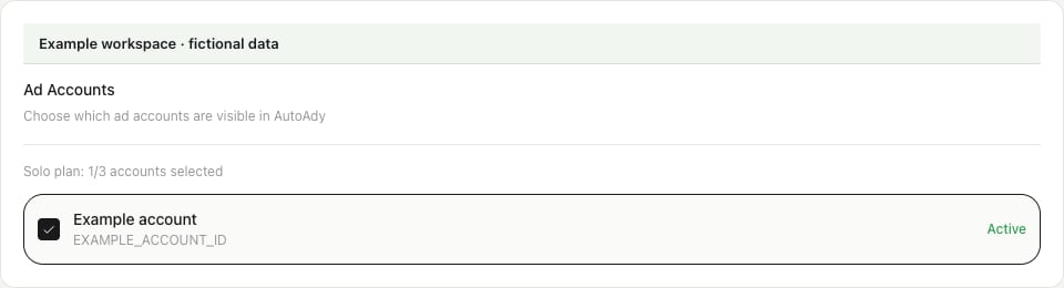 Ad Accounts selection with one fictional Example account selected on a Solo plan.