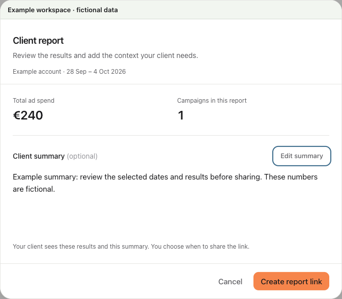 Client report dialog showing an example account, period, spend, campaign count and summary before Create report link.