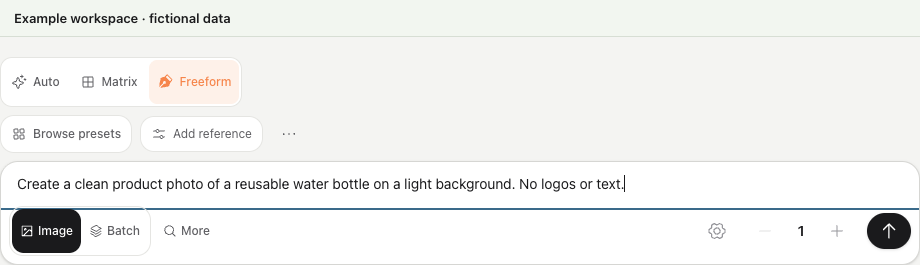 Studio Freeform composer with an example image prompt, reference and image settings controls.