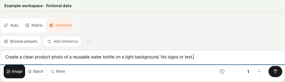 Studio Freeform composer with an example image prompt, reference and image settings controls.