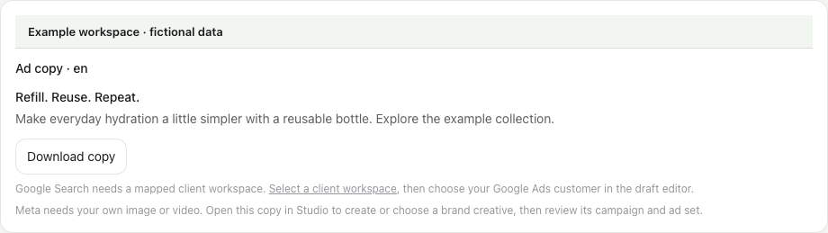 Studio ad-copy review card with a fictional headline, body, Download copy and destination requirements.