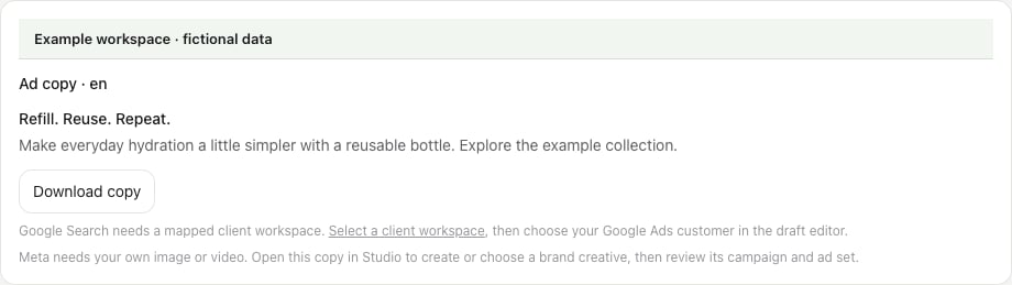 Studio ad-copy review card with a fictional headline, body, Download copy and destination requirements.