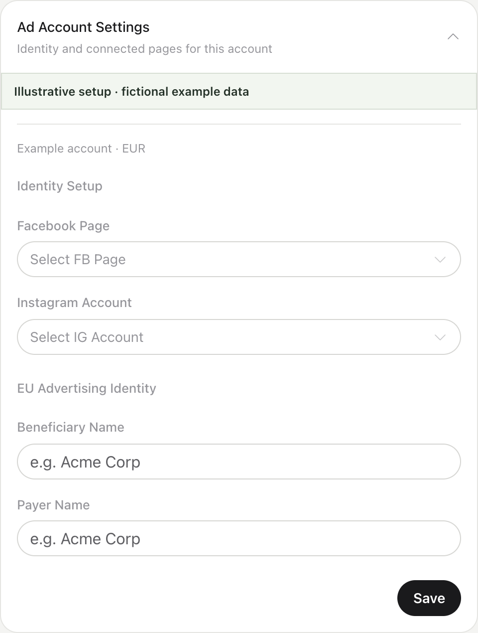 Example Account defaults identity and EU beneficiary/payer controls