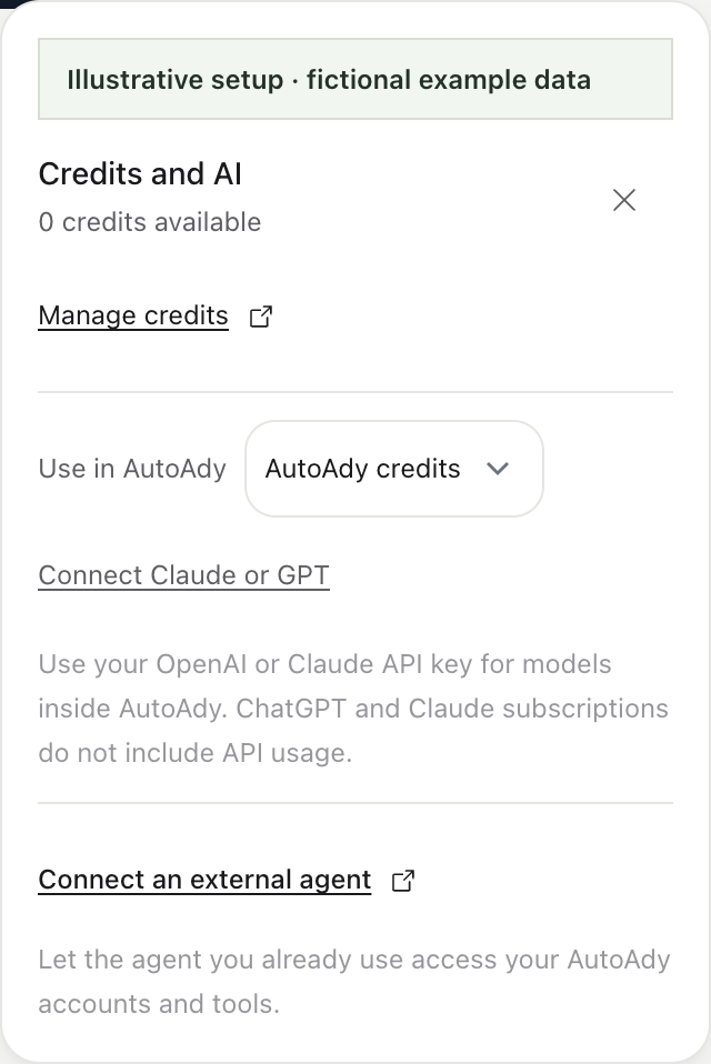 Example Credits and AI popover with AutoAdy credits selected