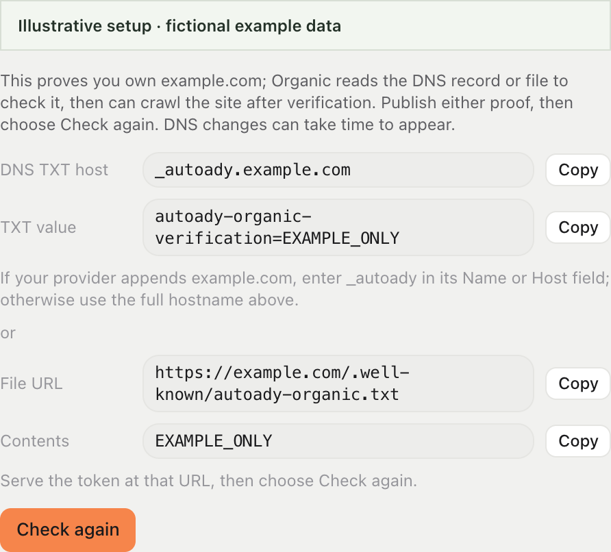 Example Organic ownership proof using DNS TXT or a well-known file