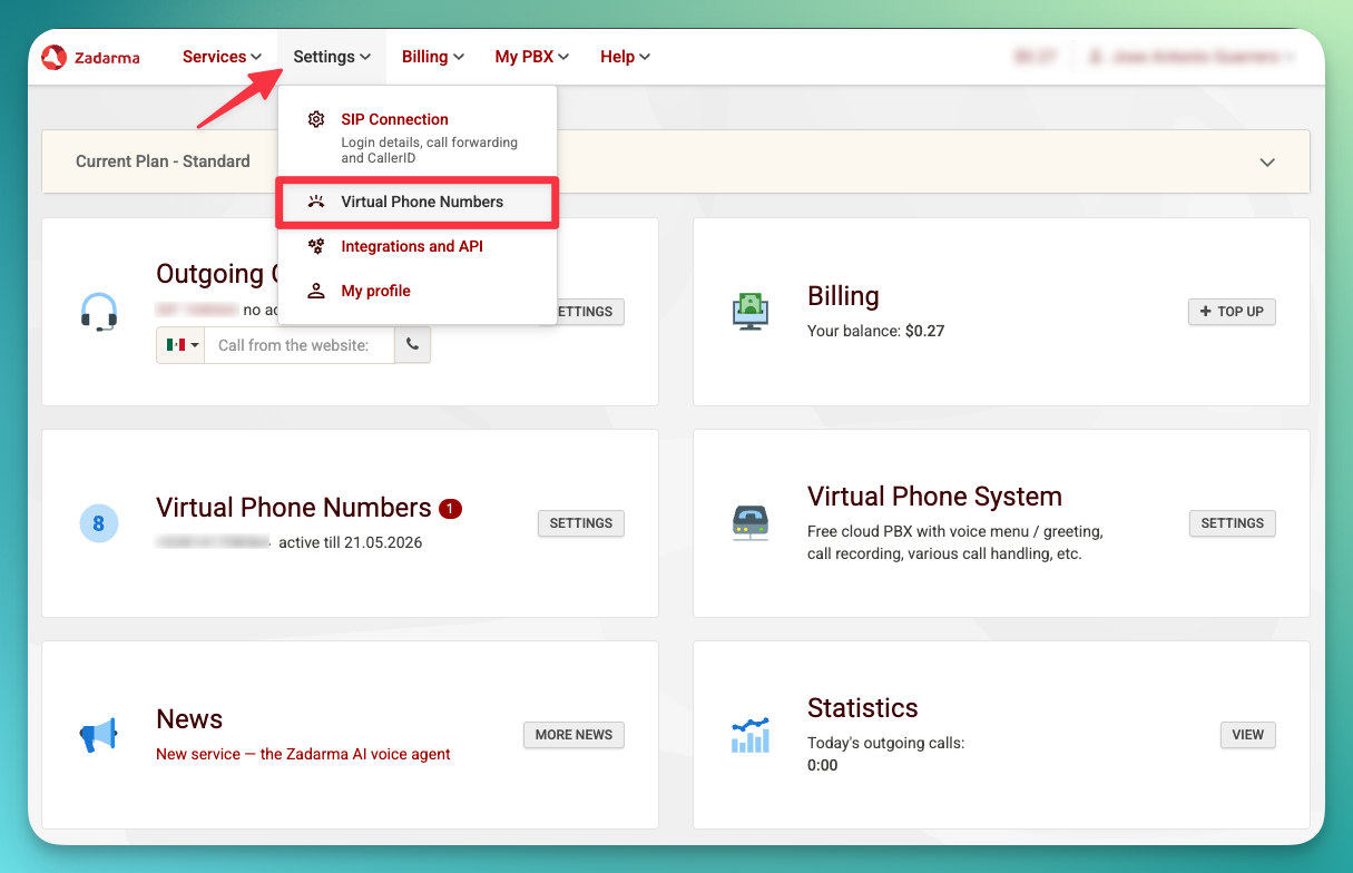 Zadarma Settings Virtual phone numbers
