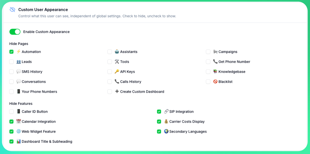 Custom User Appearance Interface