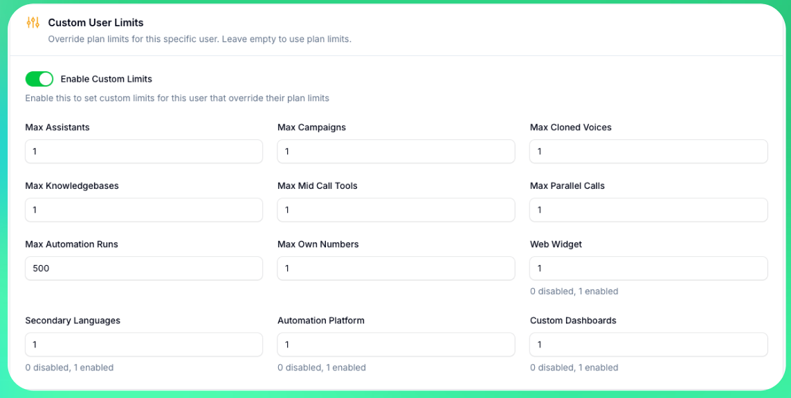 Enable Custom Limits Interface