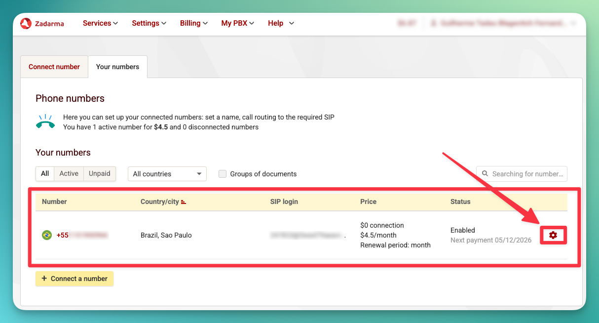 Zadarma SIP Settings Virtual phone numbers Gear Icon
