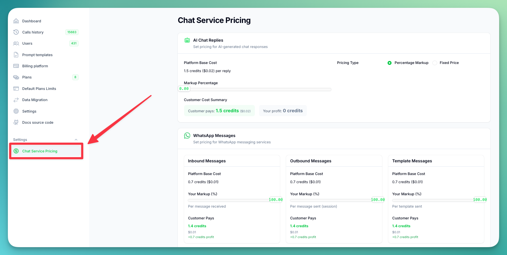 Chat Service Pricing in sidebar