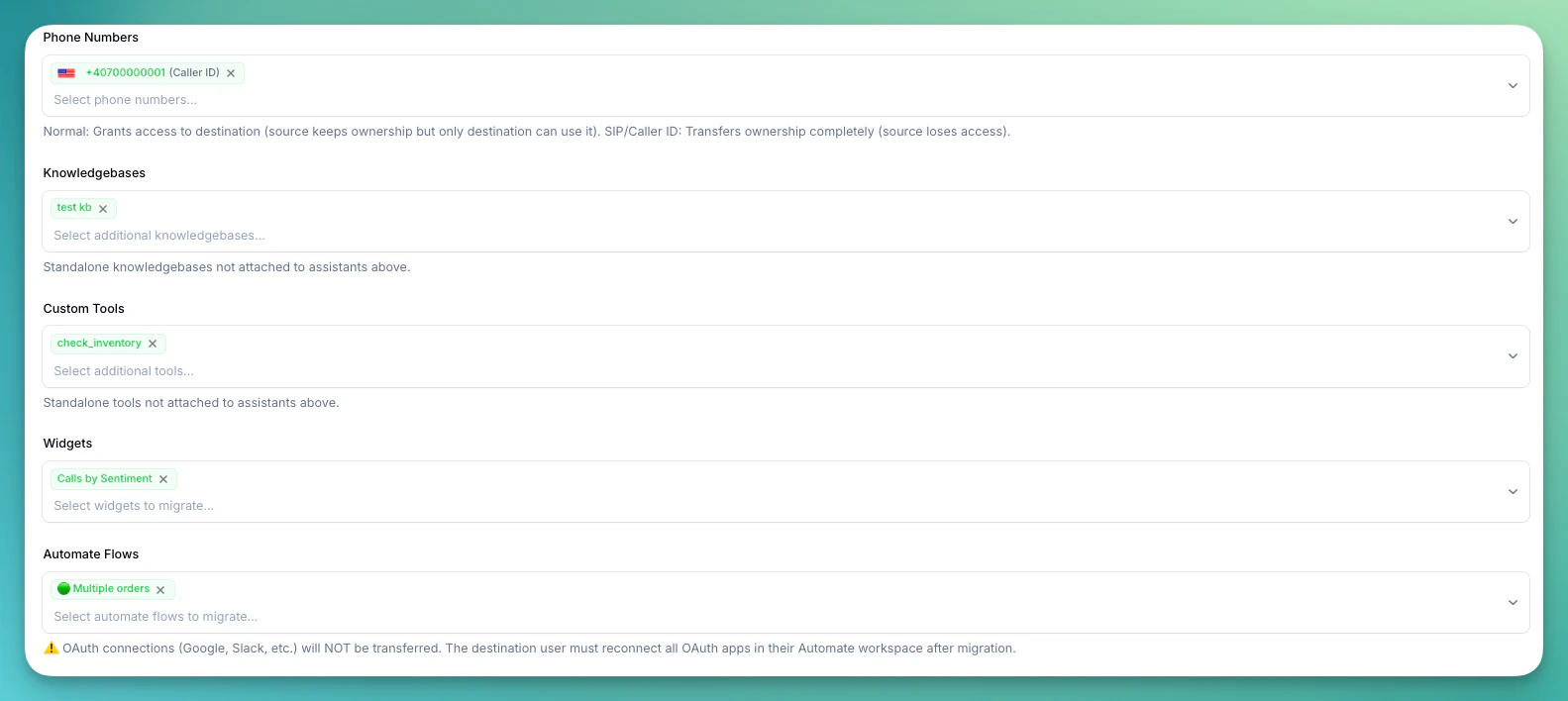 Phone numbers, knowledgebases, tools, widgets and automate flows selection
