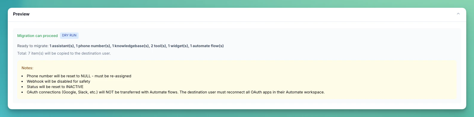Migration preview result