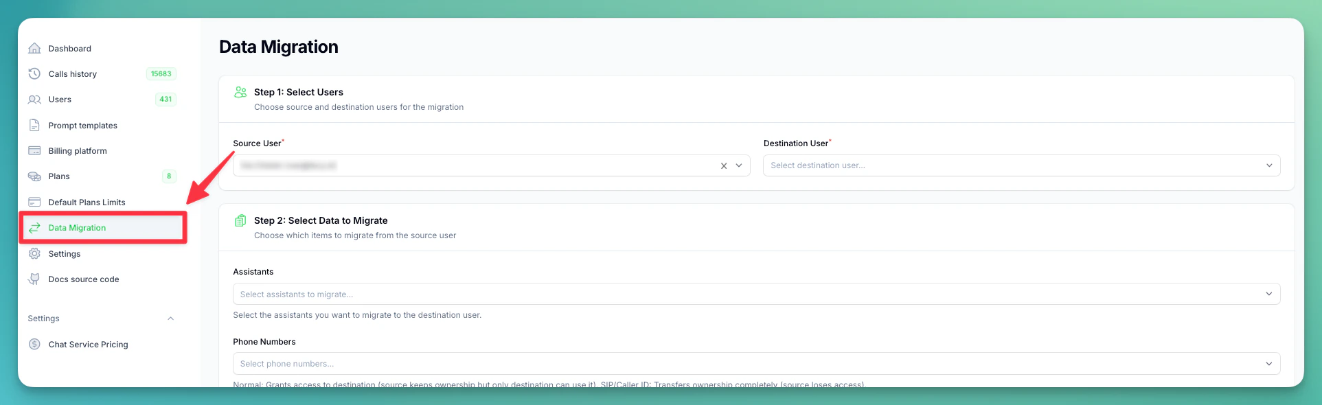Data Migration in sidebar