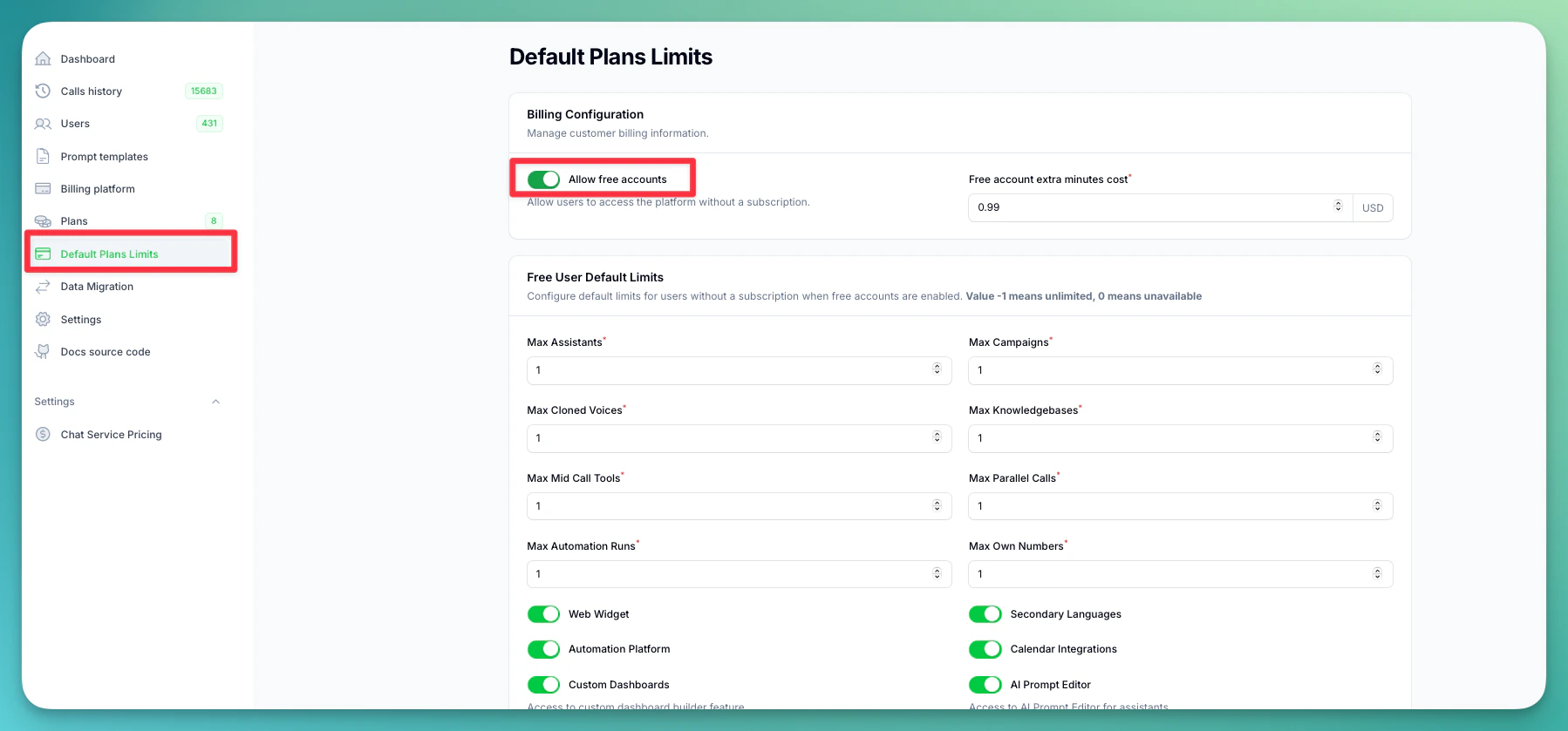 Default Plan Limits Configuration