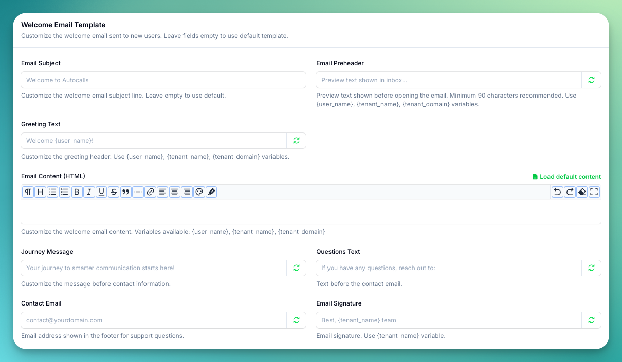 Email Templates Configuration