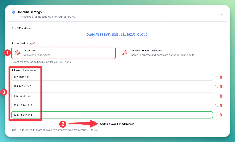 Configure inbound IP addresses