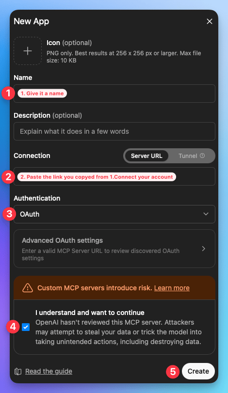 Paste the Autocalls MCP URL and create the app in ChatGPT