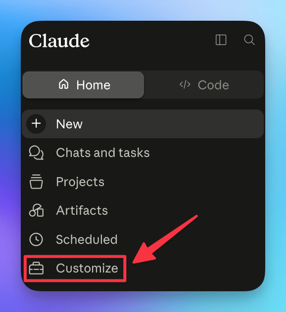 Open the Customize panel in Claude