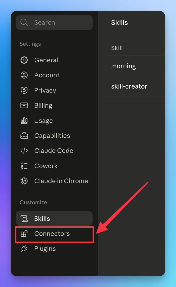 Open Connectors in the Claude settings panel