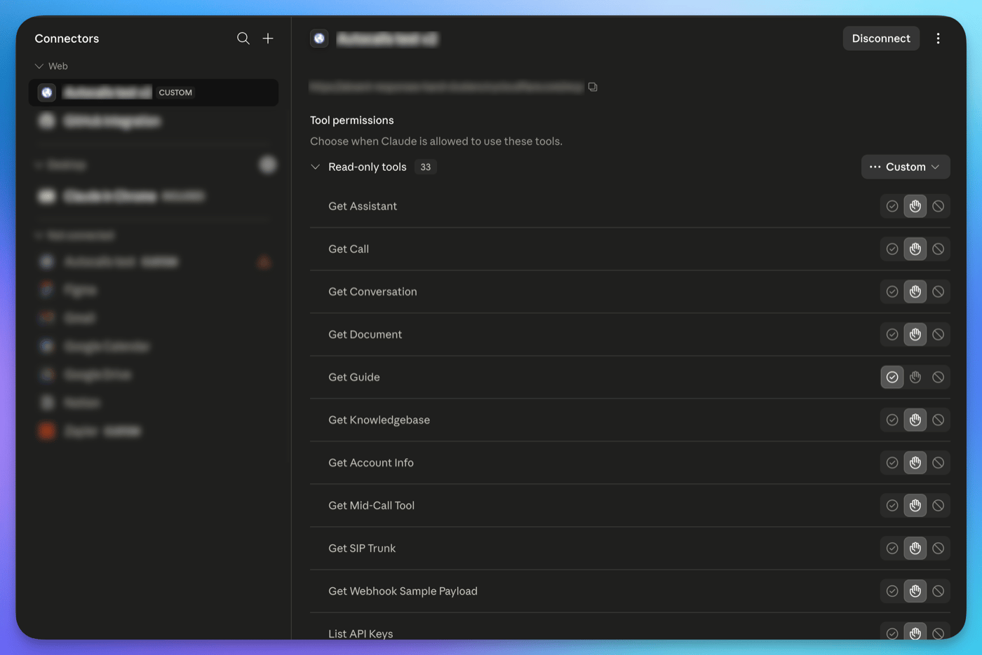 Sign in and approve the Autocalls connector in Claude