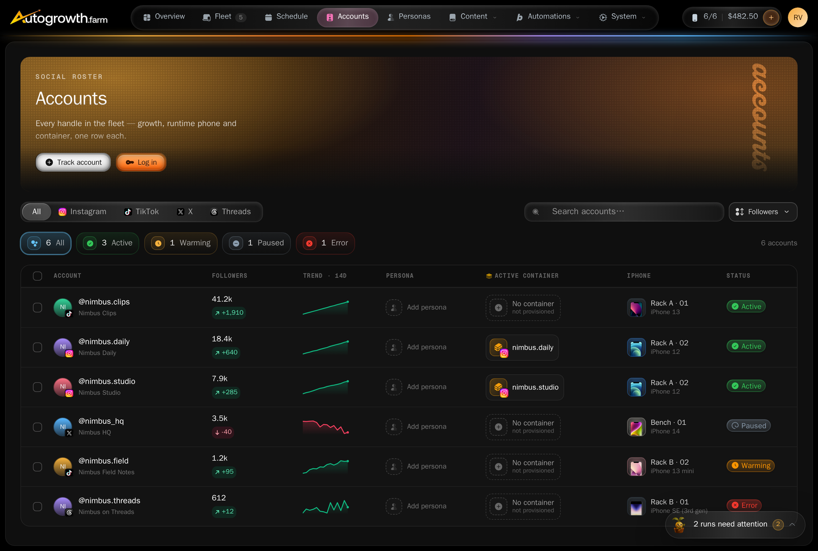 The Accounts page showing a roster of account rows with handles, follower counts, weekly growth and sparklines, under filter chips reading All, Active, Warming, Paused and Error with counts