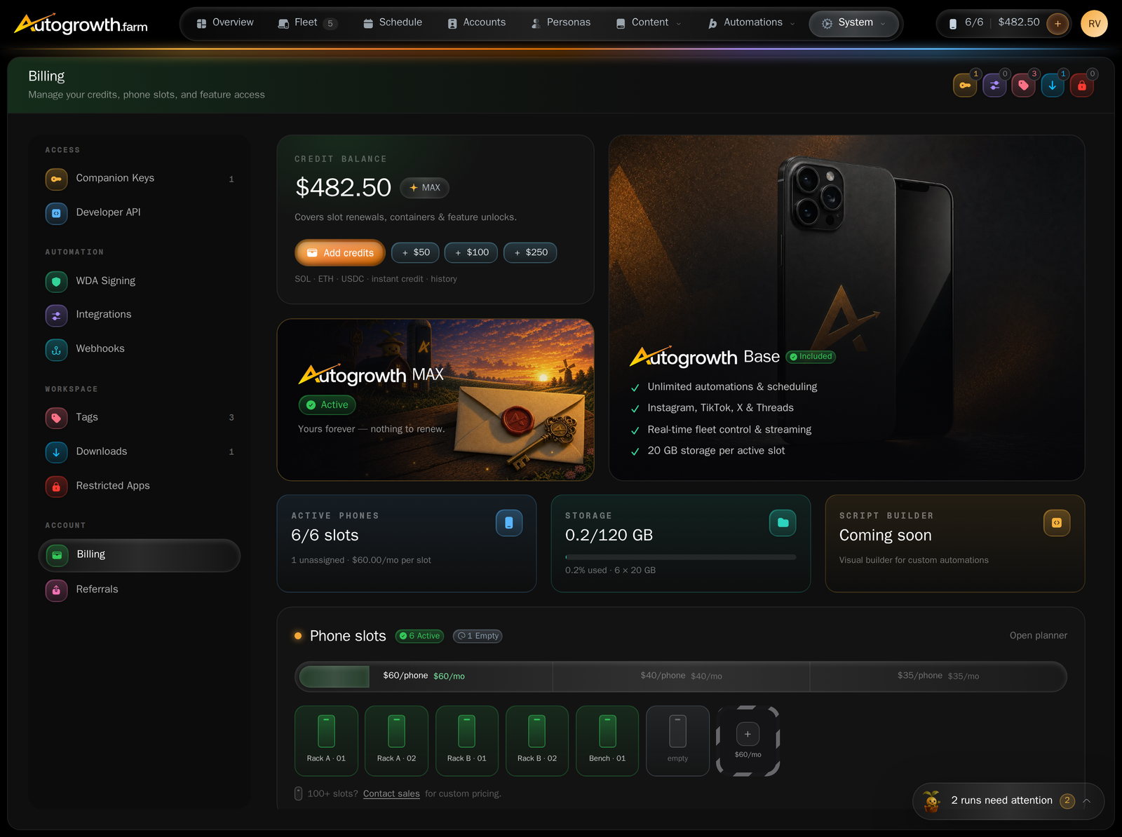 The Billing section of Settings showing a credit balance card, an Active phones tile counting slots, a Storage tile showing gigabytes used against total, and a Phone slots panel with active, empty and expiring badges