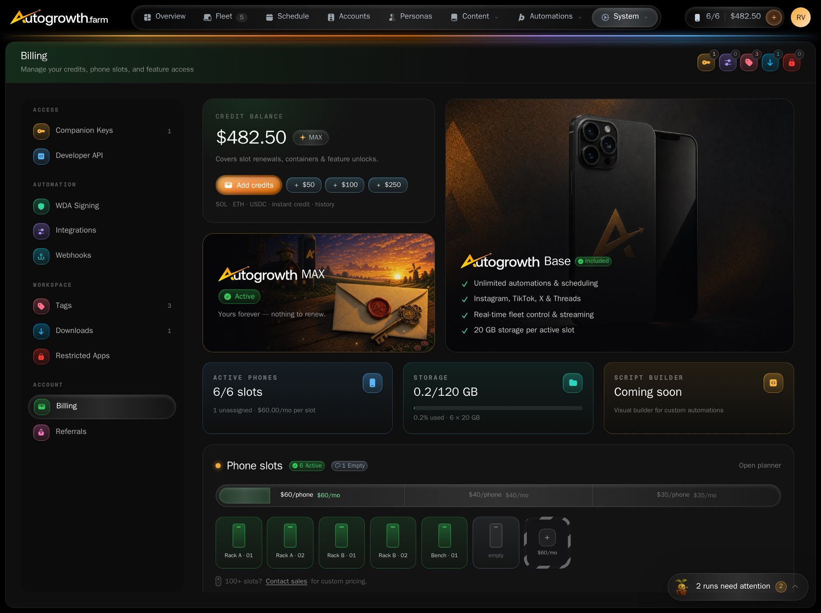 The Billing section of Settings showing a credit balance card, an Active phones tile counting slots, a Storage tile showing gigabytes used against total, and a Phone slots panel with active, empty and expiring badges