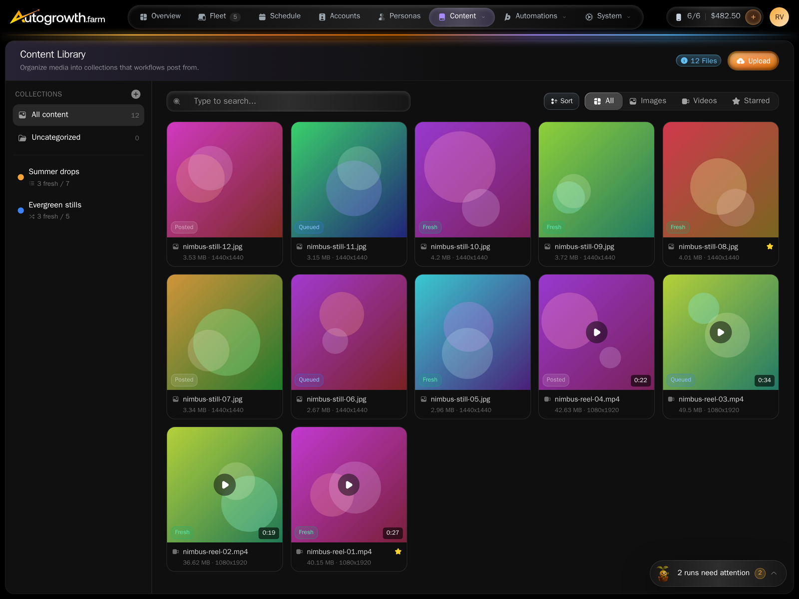The Content Library page with a Collections sidebar showing fresh-over-total counts, a grid of image and video thumbnails carrying Fresh, Queued and Posted badges, All Images Videos Starred filter tabs, and Upload and Import from Drive buttons