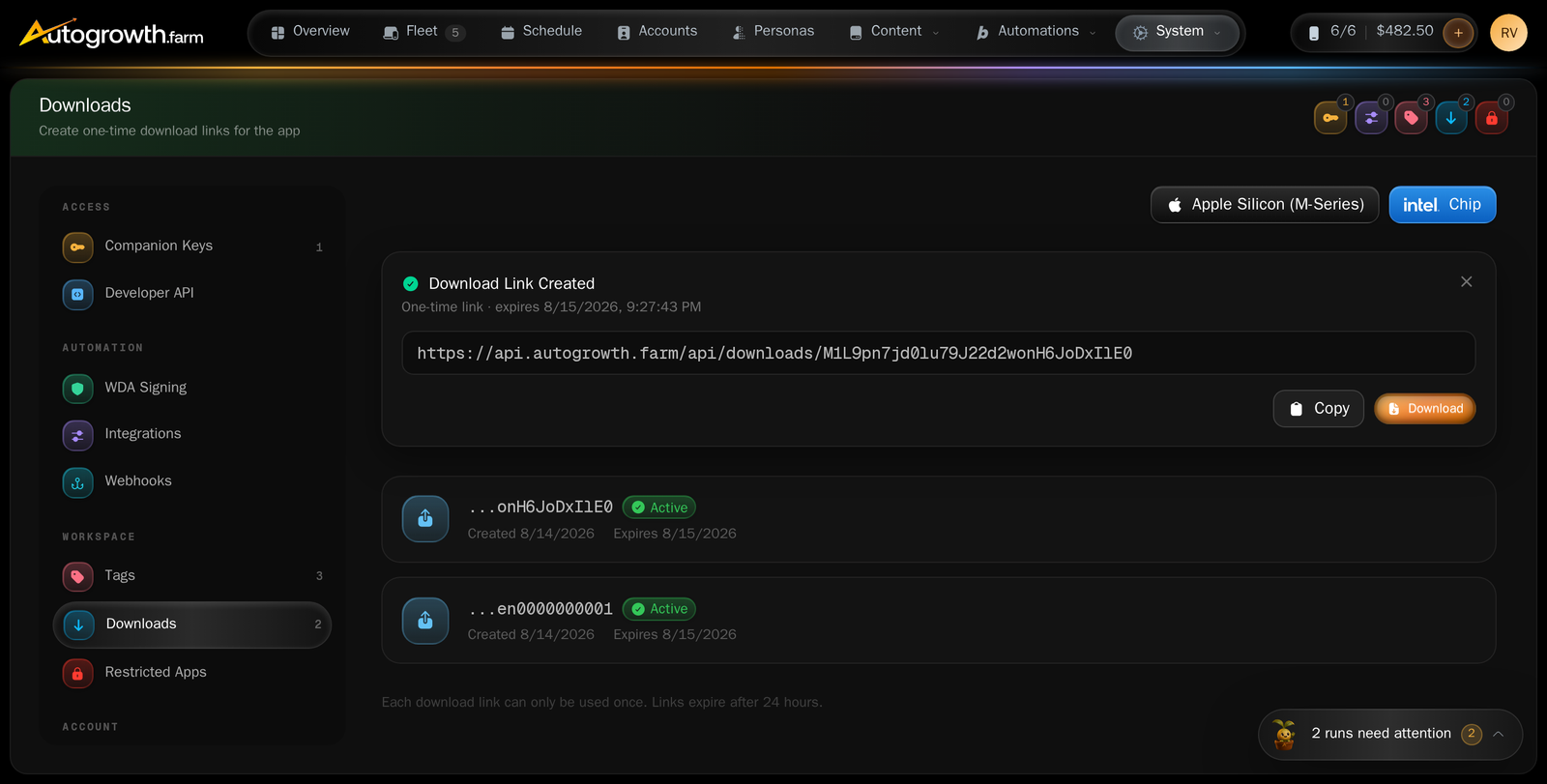 The Downloads section of dashboard Settings showing the Apple Silicon (M-Series) and Intel download buttons and a Download Link Created card containing a one-time link and its expiry time