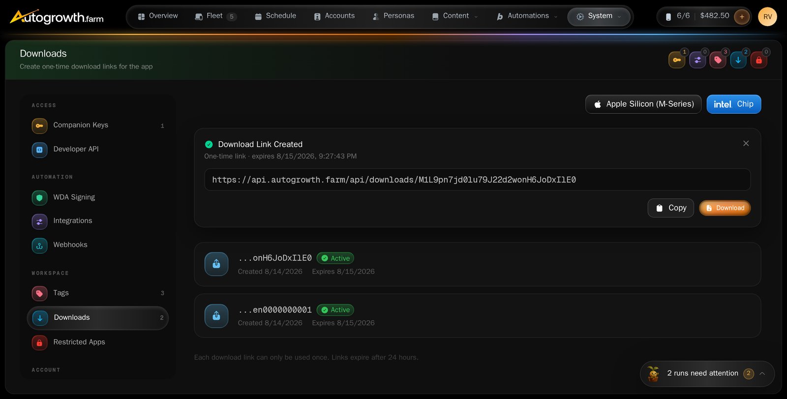 The Downloads section of dashboard Settings showing the Apple Silicon (M-Series) and Intel download buttons and a Download Link Created card containing a one-time link and its expiry time