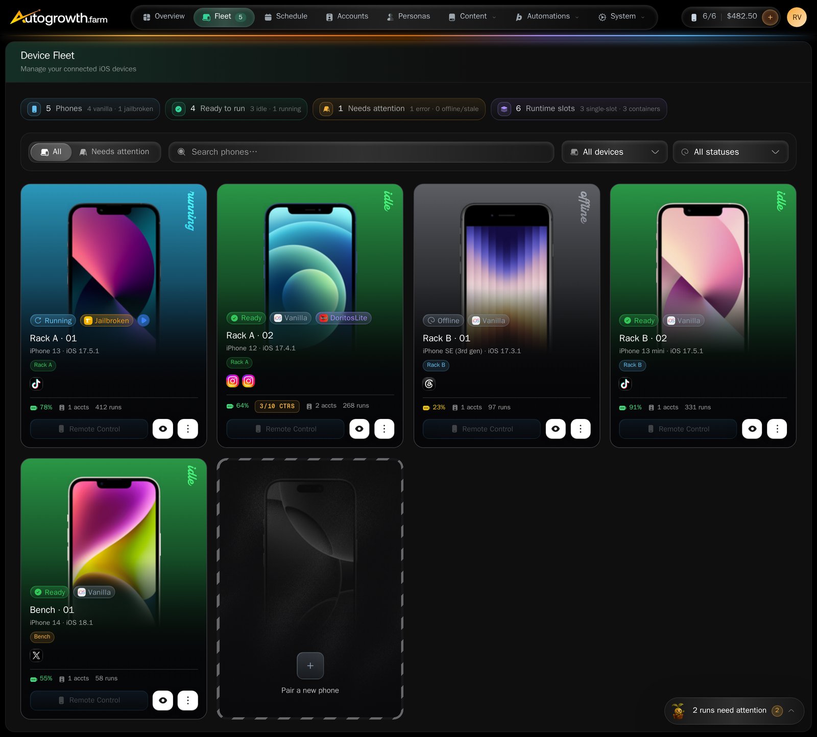 The Fleet page showing a grid of phone cards, each with a device name, a status pill reading Running or Offline, a battery percentage, a Vanilla or Jailbroken badge and a Remote Control button, above a row of stat pills reading Phones, Ready to run, Needs attention and Runtime slots