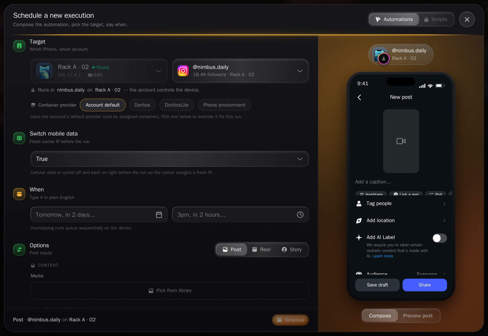 The Schedule a new execution dialog with Automations and Scripts tabs, a Target step, a Switch mobile data step, a When step with a plain-English time box, and an Options step holding the automation's own inputs