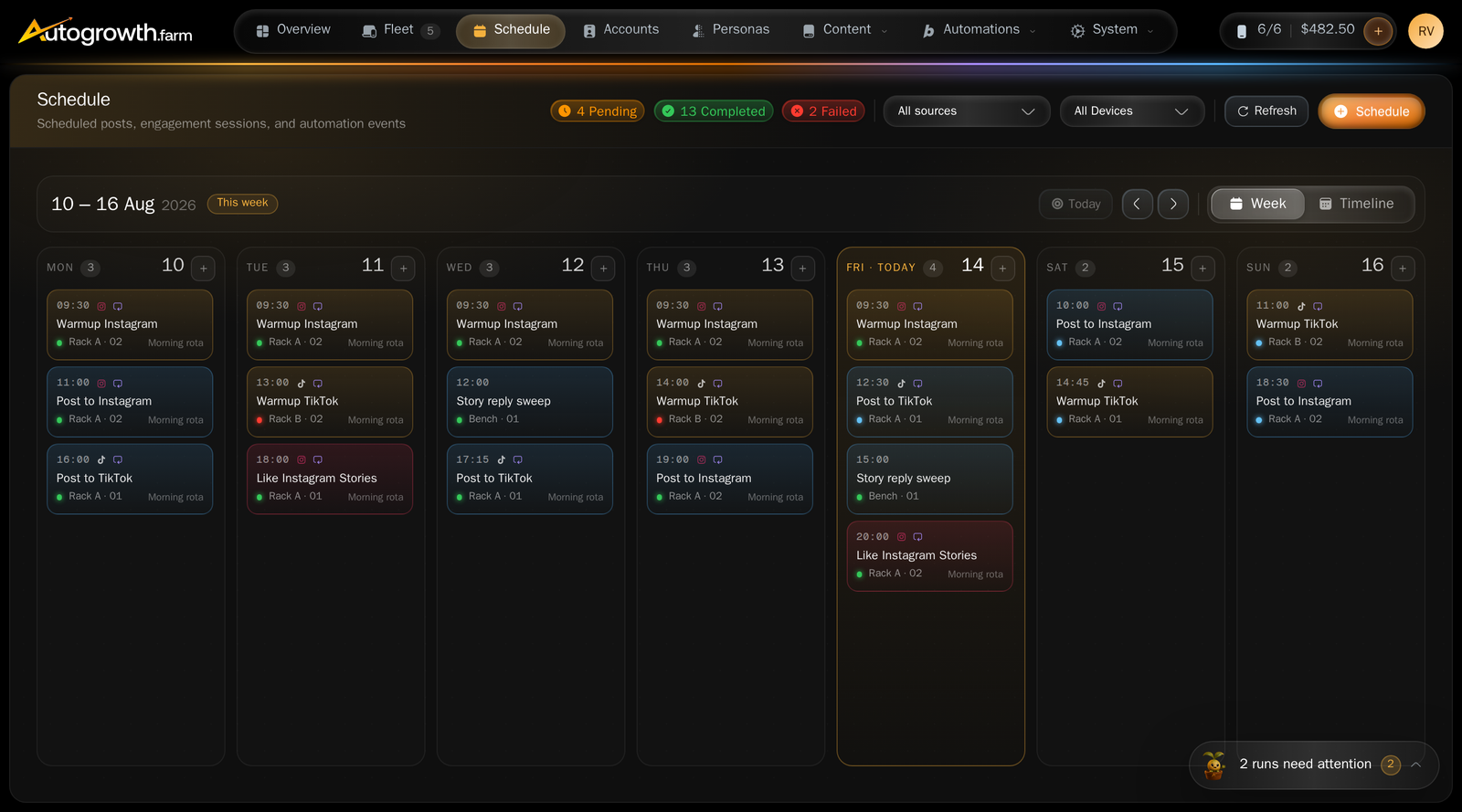 The Schedule screen in Week view, showing seven day columns filled with execution cards, a Week and Timeline view switcher, All sources and All Devices filters, and a Schedule button in the header