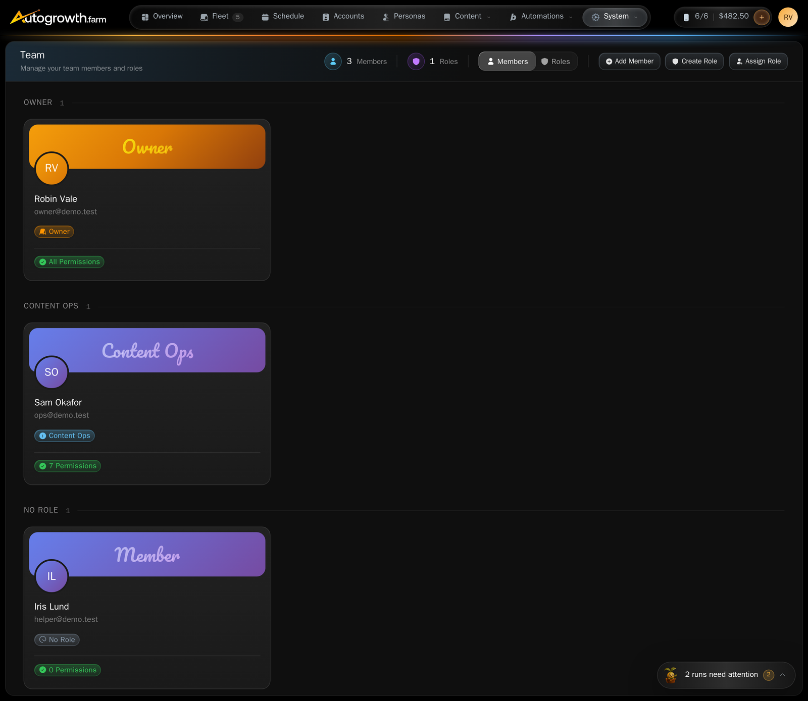 The Team page listing member cards with names, email addresses and role badges reading Owner and All Permissions or a permission count, beside a roles section and Add Member, Create Role and Assign Role buttons