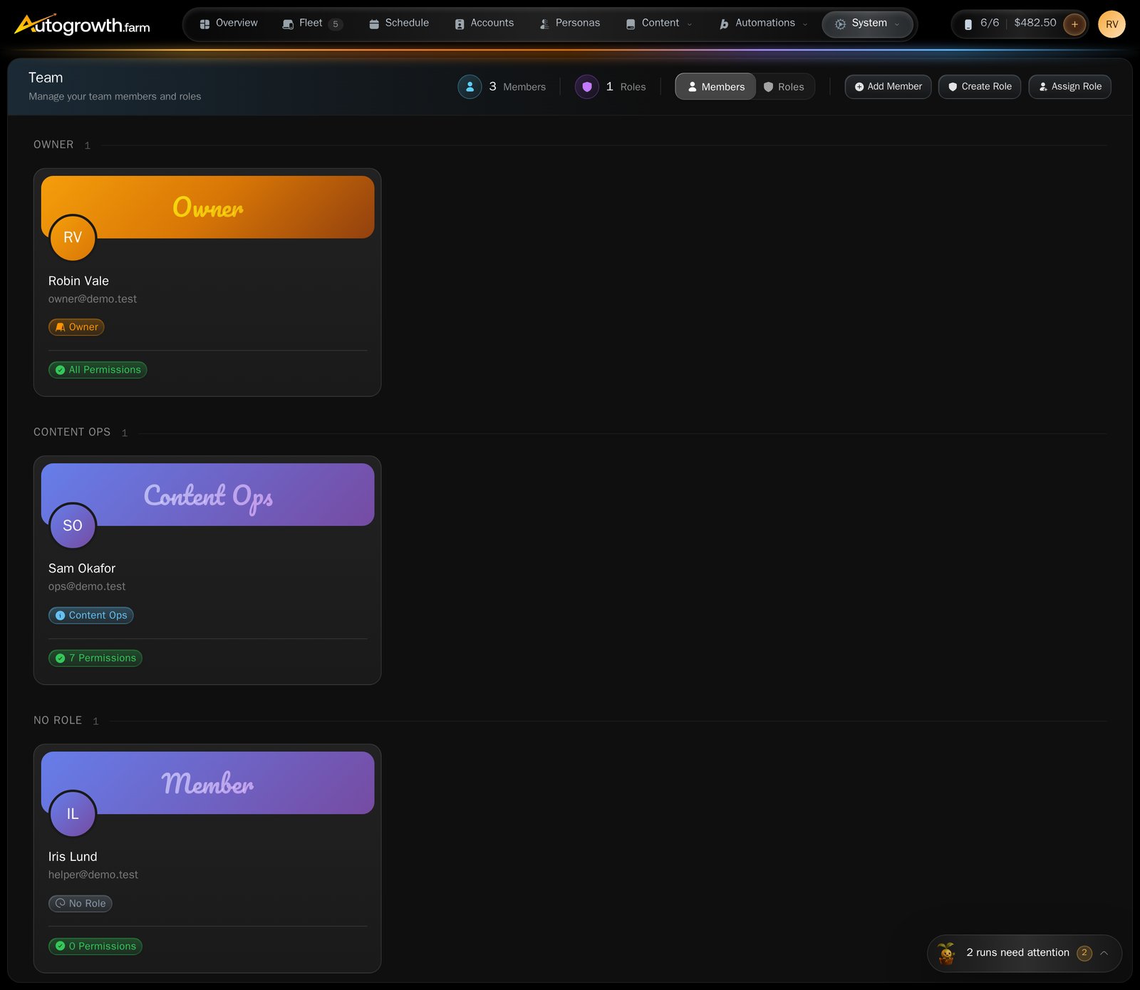 The Team page listing member cards with names, email addresses and role badges reading Owner and All Permissions or a permission count, beside a roles section and Add Member, Create Role and Assign Role buttons