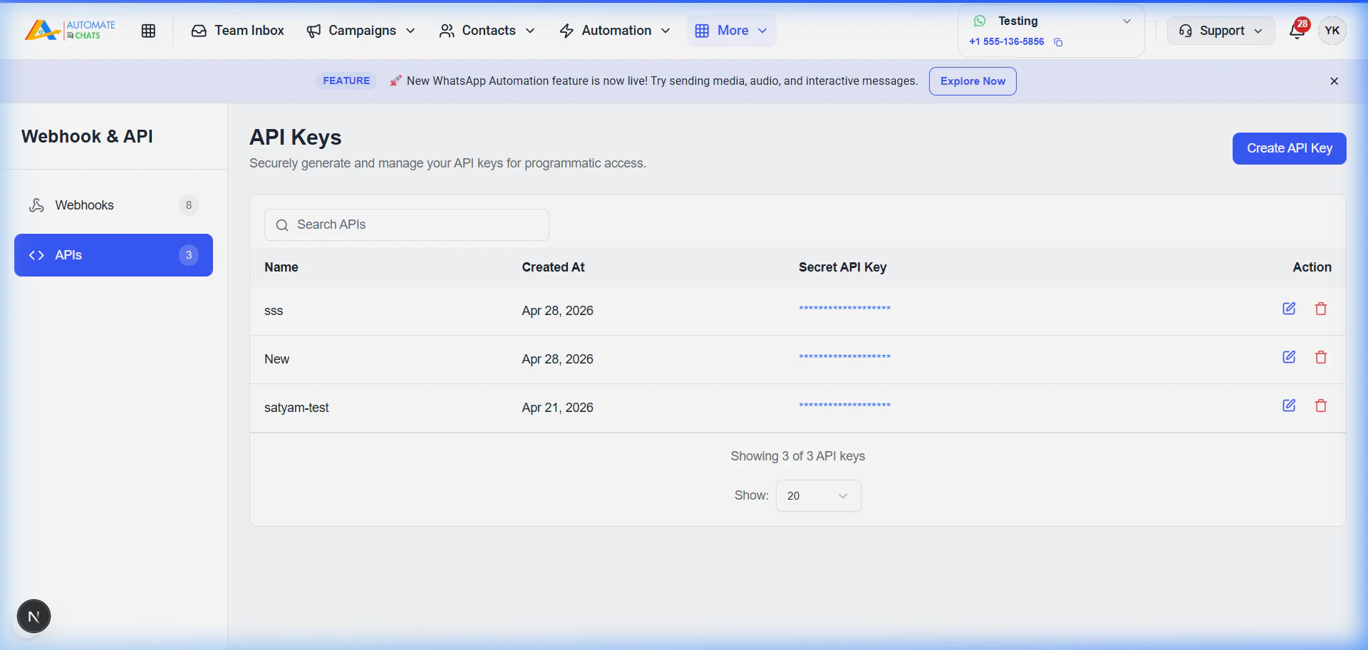 Webhook & API Menu