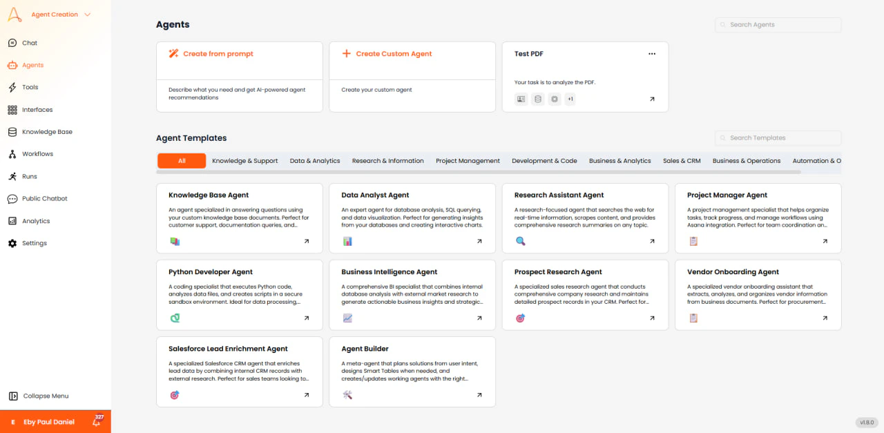Agent Builder Dashboard showing creation options and templates