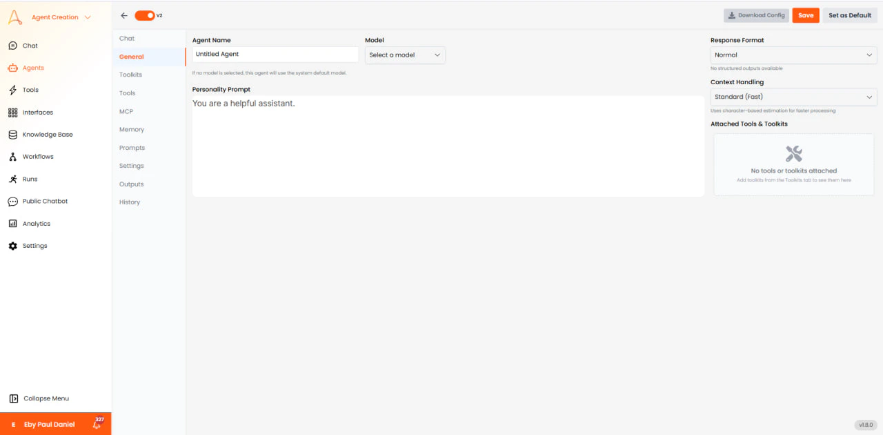 General Settings panel for agent configuration